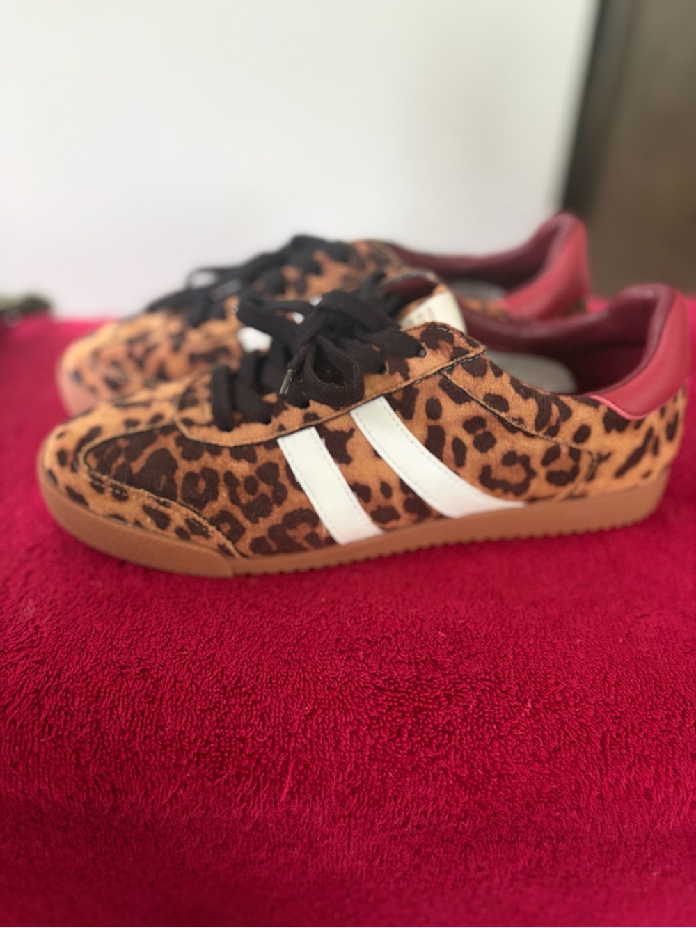 Steve Madden Leopard Print Sneakers with White Stripes and Burgundy Trim
